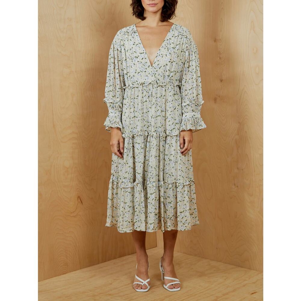 Ghospell Vintage Ditsy Floral‎ Ruffle Tiered Oversized Midi Smock Dress Large